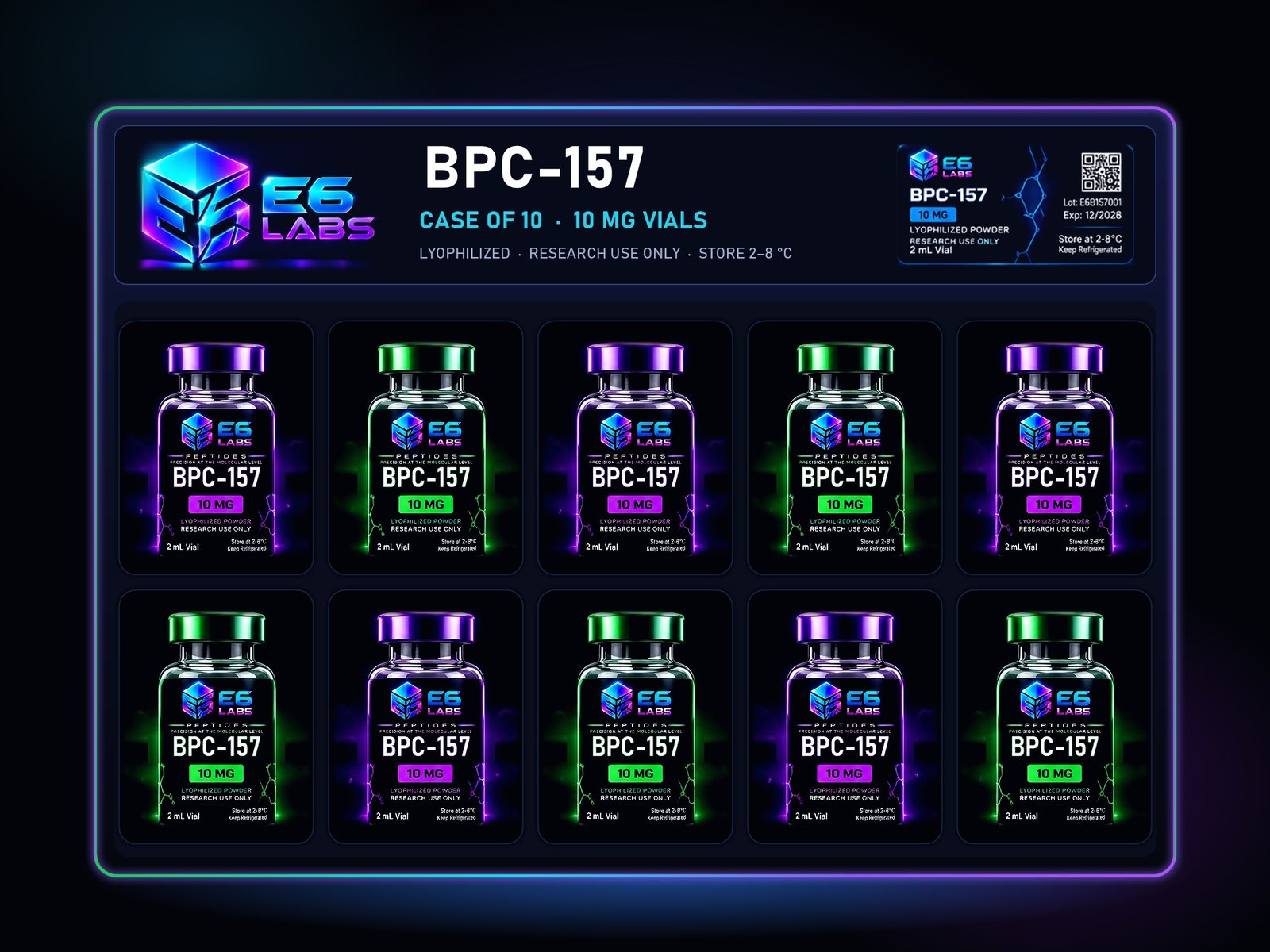 An open E6 Labs case holding ten BPC-157 10 mg vials laid in two rows of five